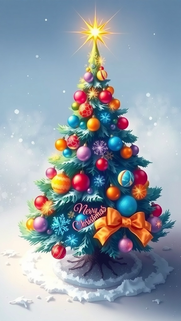 A colorful 3D drawing of a Christmas tree with ornaments and lights, set against a snowy background.